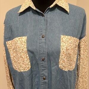 Gitano Women’sVintage 80s Denim Button-Up Shirt/ Floral Accents L Cottagecore